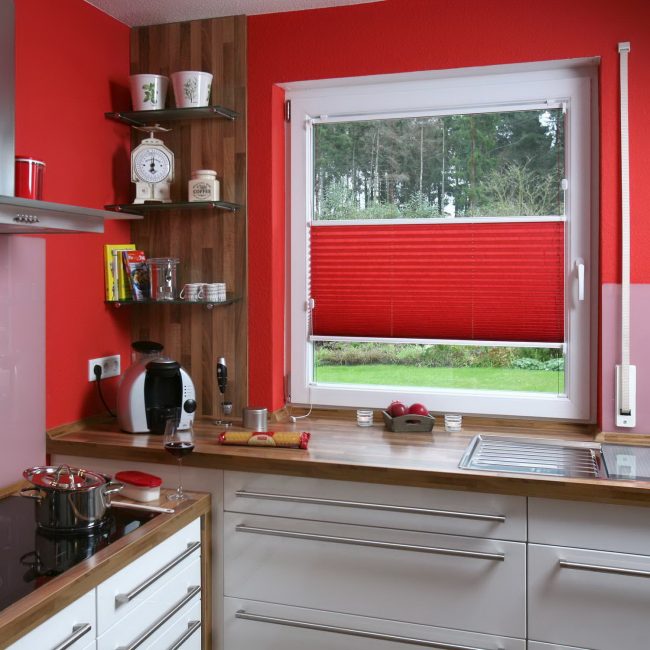 Vista incomum da janela na cozinha com decorações menores