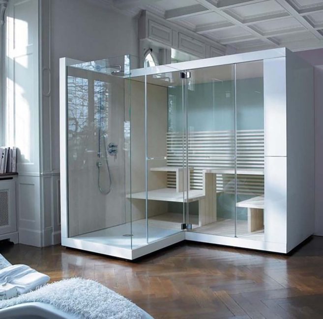 Cabine de vidro ao lado da sauna