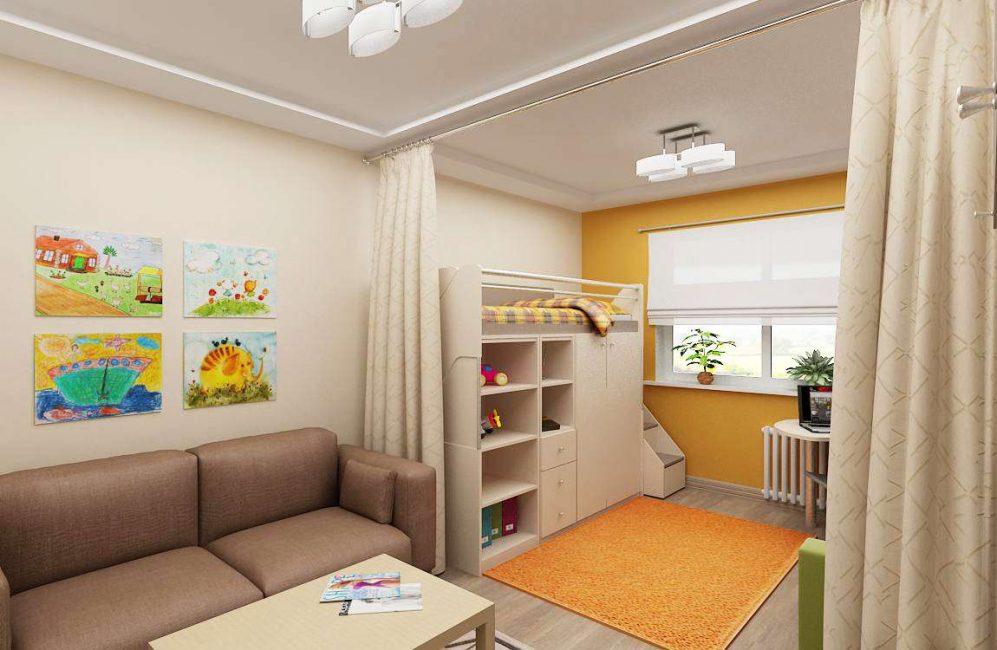 Nós mudamos a área para dormir usando as cortinas