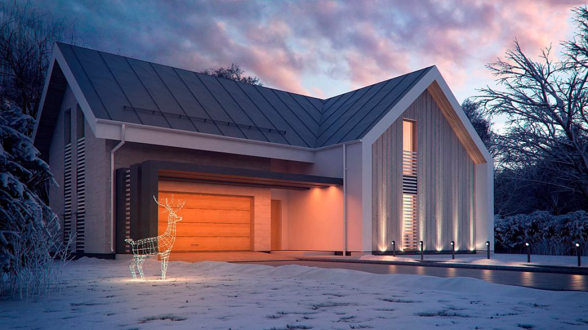 A garagem construída na casa, projetada na mesma chave estilística
