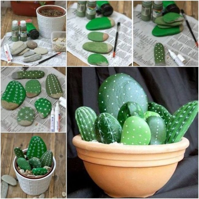 Pinte as pedras dos cactos e plante-as em uma panela