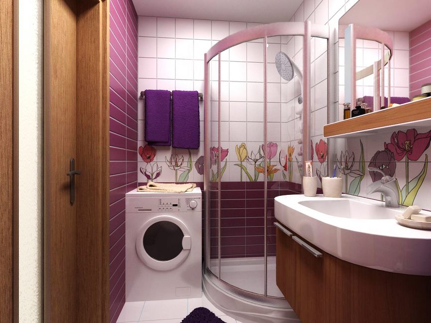 Cabine de duche com máquina de lavar roupa no mesmo quarto