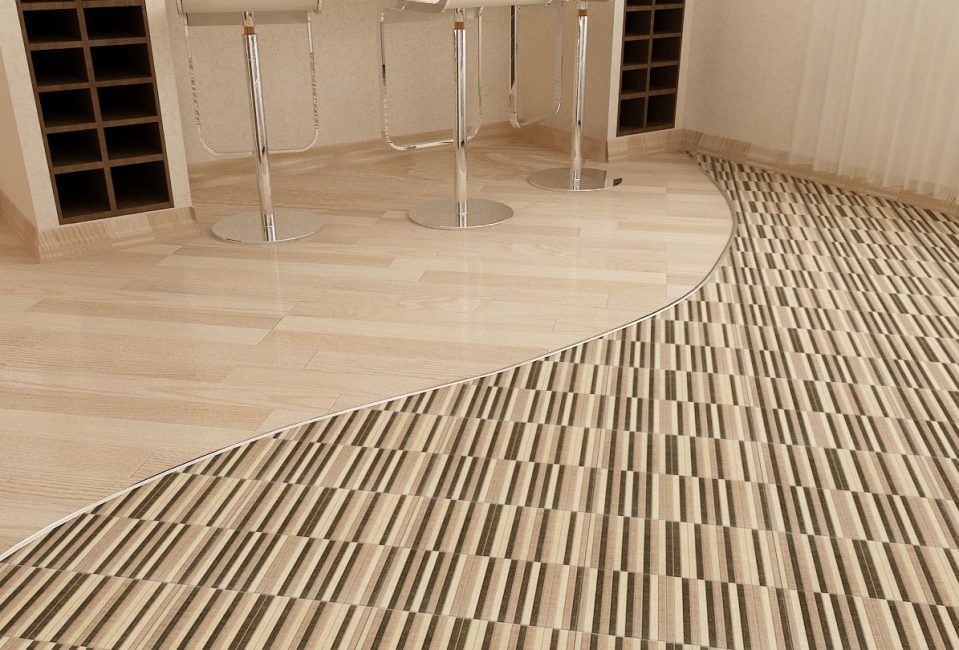 Diferentes opções de pavimentos em diferentes áreas da sala