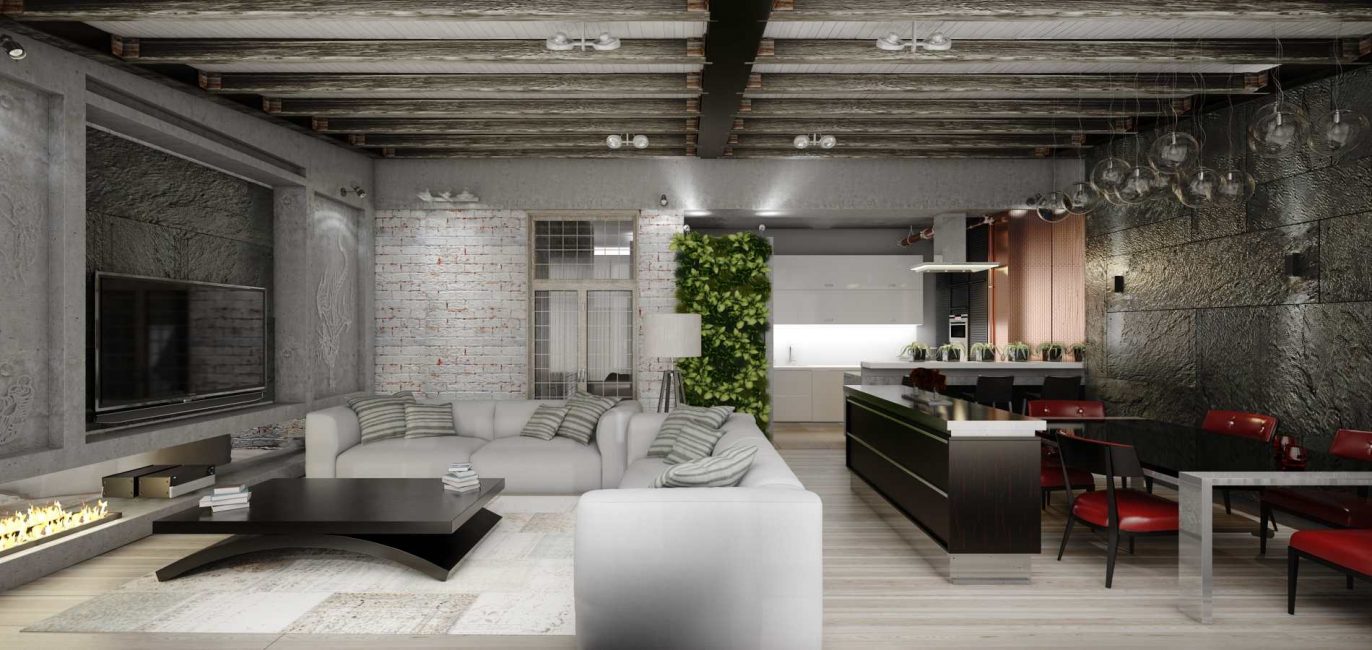 Uma característica da sala de estar no estilo loft é a falta de decoração de paredes e tetos.