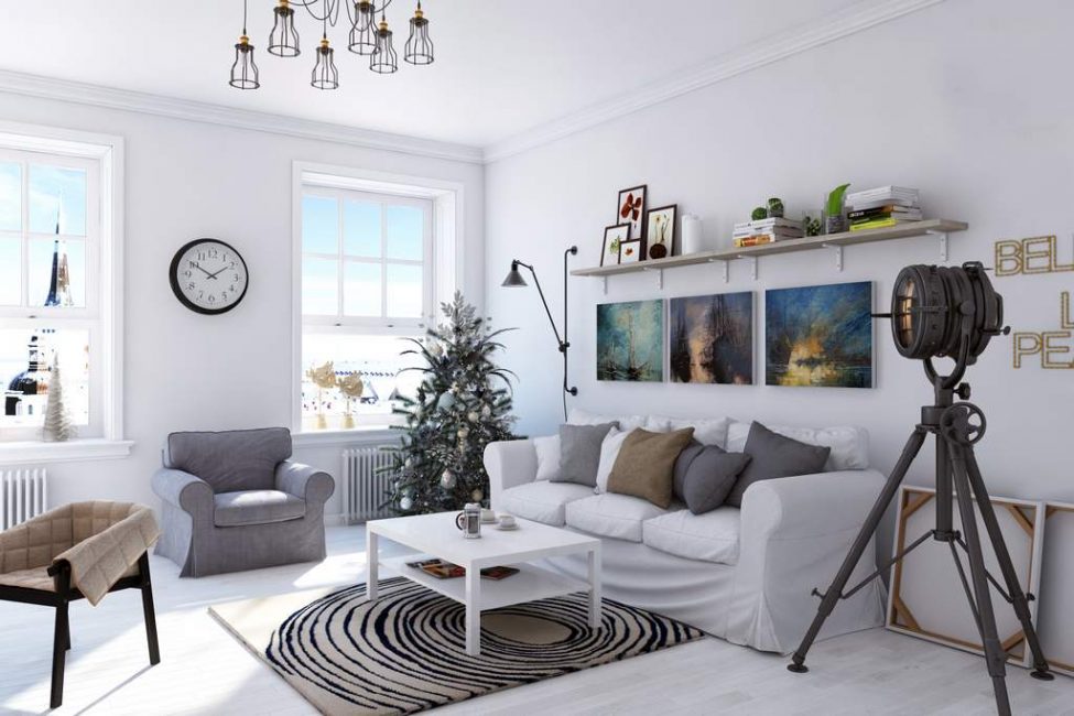 As paredes da sala de estar em estilo escandinavo devem ser perfeitamente lisas.