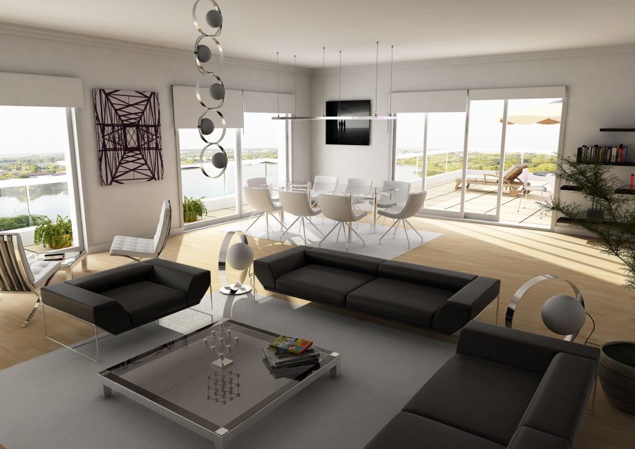 Design de sala de estar preto e branco