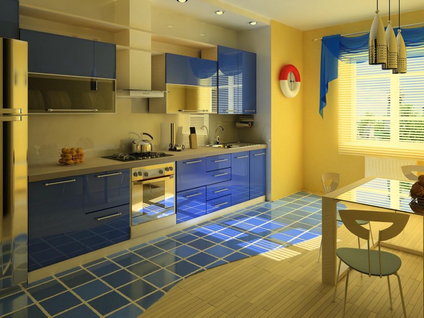 Interior da cozinha azul