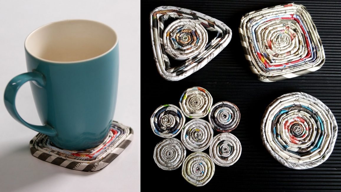 Suportes para canecas são feitos na técnica de quilling de tubos de jornal