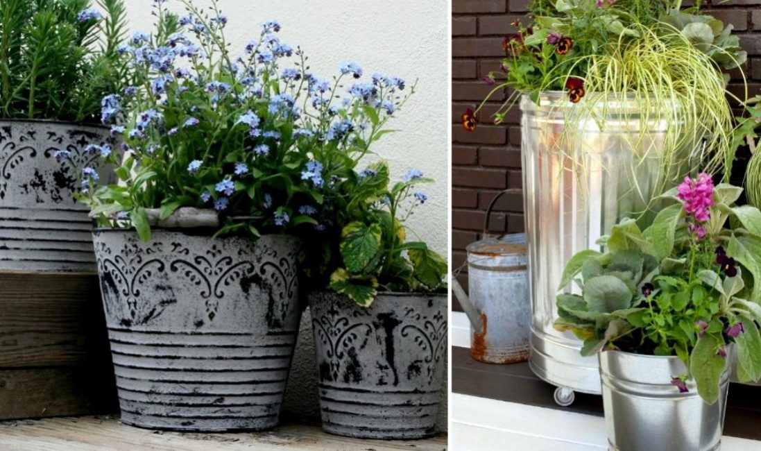 Potes de metal para decoração ao ar livre