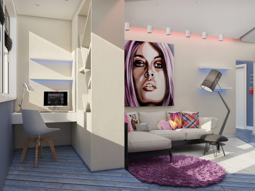 Interior criativo, construído em contrastes brilhantes