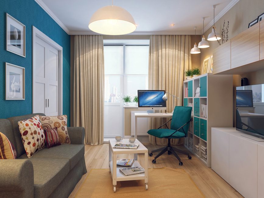 Interior em azul brilhante com local de trabalho