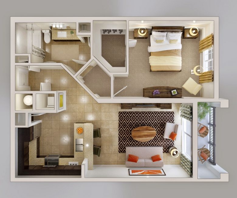 Layout conveniente de apartamento de 2 quartos