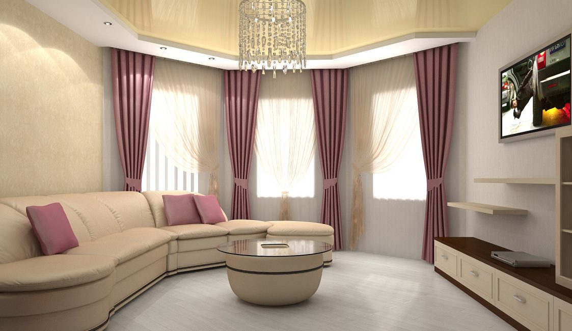 Sala de estar com um design de parede semicircular
