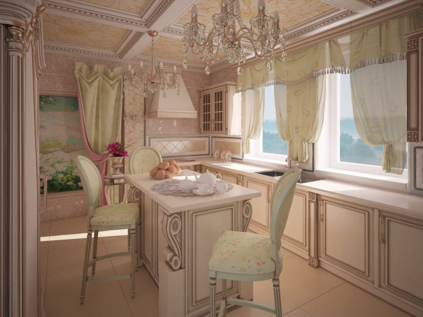 Interior de cozinha com cortinas curtas em estilo provençal