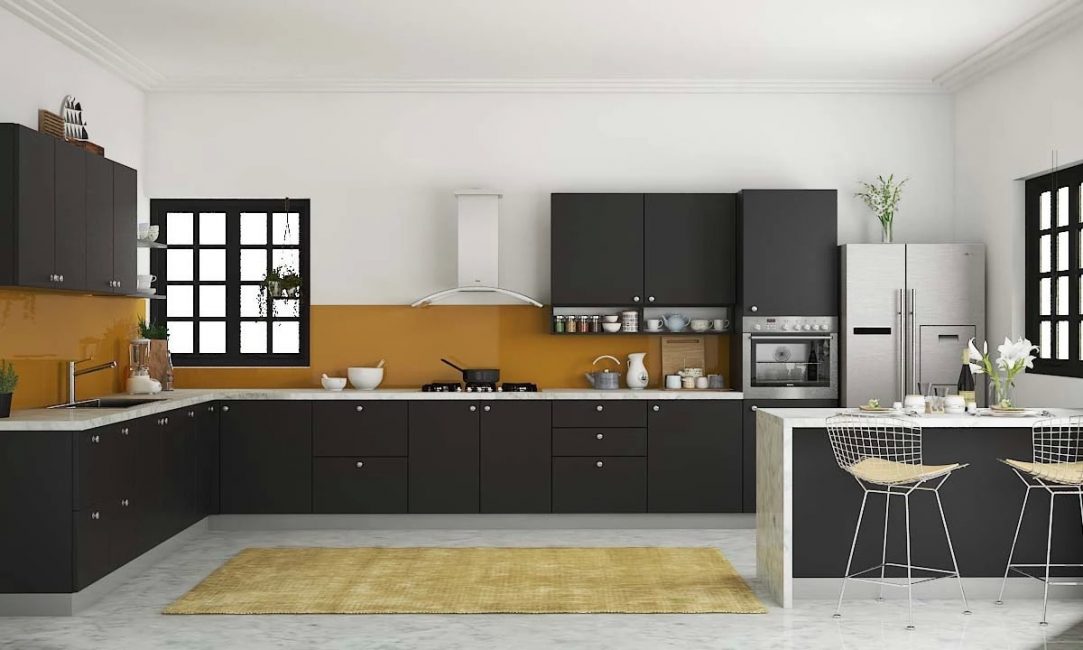 Cozinha preta mate com tampo de mármore