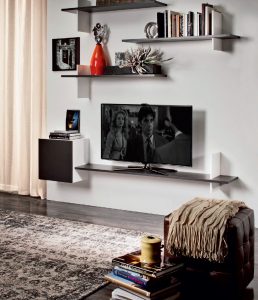 Prateleira de TV na parede (295+ fotos): nuances de design (articulada, canto, vidro)