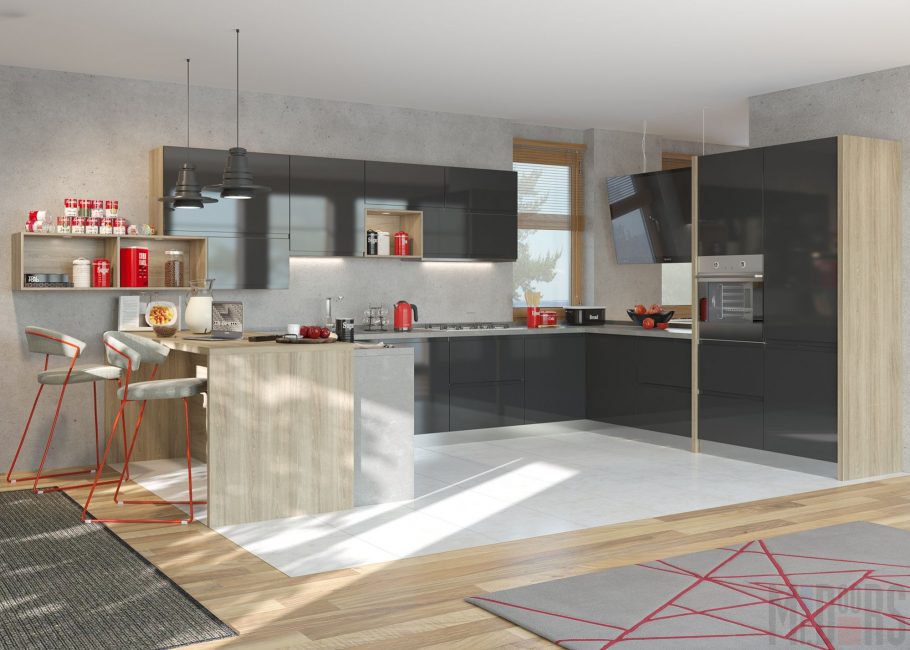 Design de cozinha em cores vermelhas e pretas