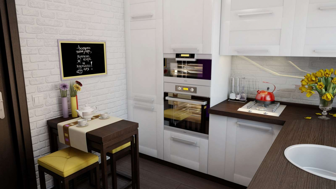 Interior da cozinha com um nicho: Nós decoramos o espaço da cozinha corretamente (na parede, sob a janela, no canto)