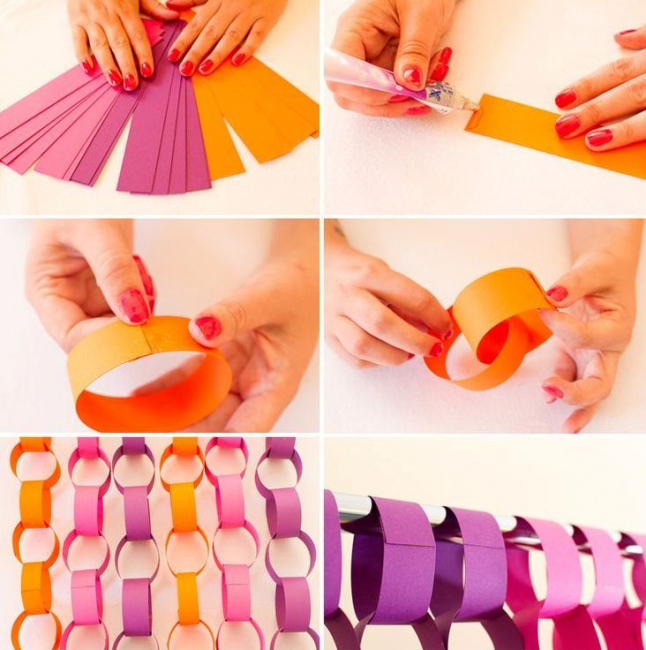 Fazemos anéis de papel colorido e os passamos um do outro.