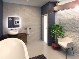 Decoração de casa de banho com pedra artificial: lavatório, bancada, prateleiras. Recursos de uso de material