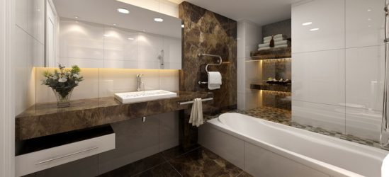 Decoração de casa de banho com pedra artificial: lavatório, bancada, prateleiras. Recursos de uso de material