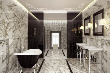 Decoração de casa de banho com pedra artificial: lavatório, bancada, prateleiras. Recursos de uso de material