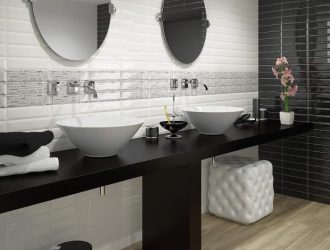 Decoração de casa de banho com pedra artificial: lavatório, bancada, prateleiras. Recursos de uso de material