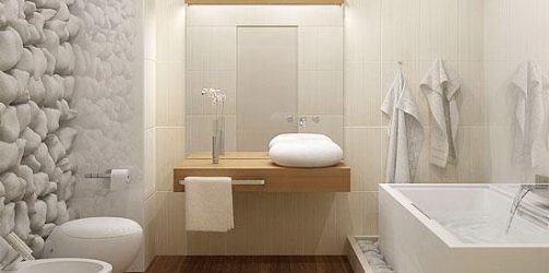 Decoração de casa de banho com pedra artificial: lavatório, bancada, prateleiras. Recursos de uso de material