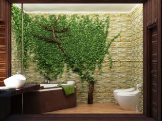 Decoração de casa de banho com pedra artificial: lavatório, bancada, prateleiras. Recursos de uso de material