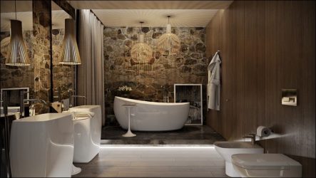 Decoração de casa de banho com pedra artificial: lavatório, bancada, prateleiras. Recursos de uso de material