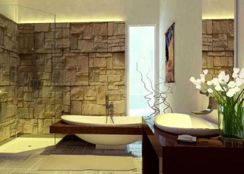 Decoração de casa de banho com pedra artificial: lavatório, bancada, prateleiras. Recursos de uso de material