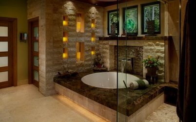 Decoração de casa de banho com pedra artificial: lavatório, bancada, prateleiras. Recursos de uso de material