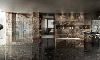 Decoração de casa de banho com pedra artificial: lavatório, bancada, prateleiras. Recursos de uso de material