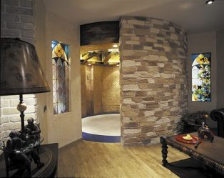 Decoração de casa de banho com pedra artificial: lavatório, bancada, prateleiras. Recursos de uso de material