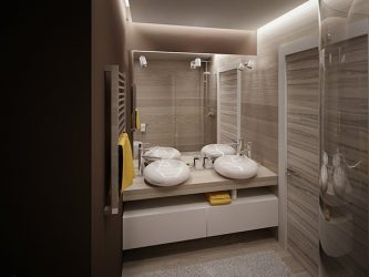 Decoração de casa de banho com pedra artificial: lavatório, bancada, prateleiras. Recursos de uso de material