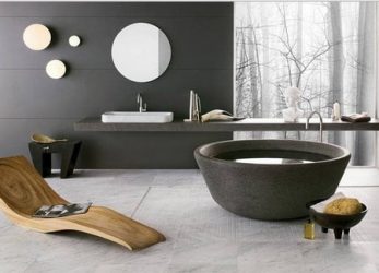 Decoração de casa de banho com pedra artificial: lavatório, bancada, prateleiras. Recursos de uso de material