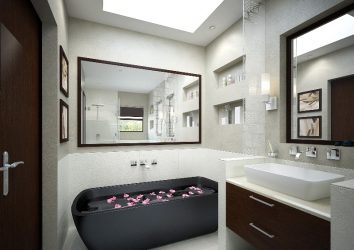 Decoração de casa de banho com pedra artificial: lavatório, bancada, prateleiras. Recursos de uso de material