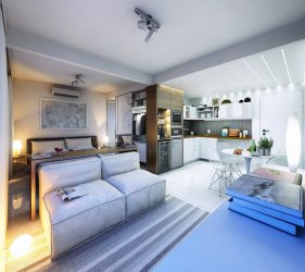 230+ صور الأفكار الداخلية شقق 1 (غرفة واحدة) من 40 متر مربع. تصميم عصري بسيط وأنيق