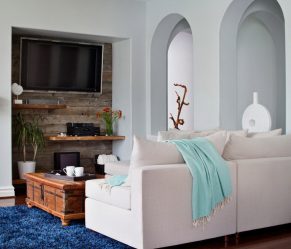 Prateleira de TV na parede (295+ fotos): nuances de design (articulada, canto, vidro)