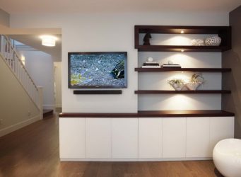 Prateleira de TV na parede (295+ fotos): nuances de design (articulada, canto, vidro)