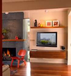 Prateleira de TV na parede (295+ fotos): nuances de design (articulada, canto, vidro)
