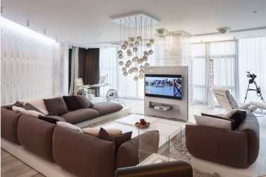 Prateleira de TV na parede (295+ fotos): nuances de design (articulada, canto, vidro)