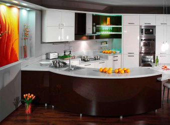 Decoração de interiores de uma grande cozinha moderna: 200 + (foto) idéias de design (cortinas, papel de parede, balcão de bar)