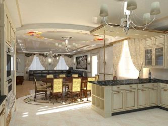 Decoração de interiores de uma grande cozinha moderna: 200 + (foto) idéias de design (cortinas, papel de parede, balcão de bar)