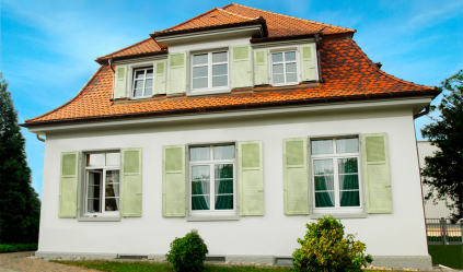 Exemplos de sucesso da transformação da fachada da casa com a ajuda de persianas para janelas (madeira, metal, plástico). Tornar simples e bonito (+ Avaliações)